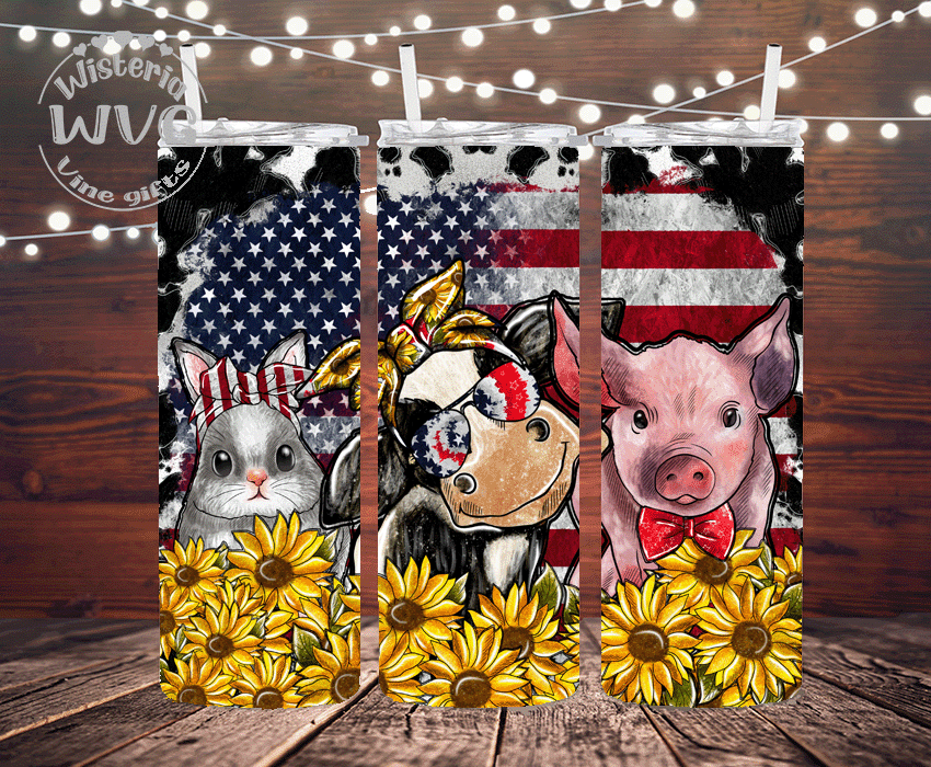 20oz Patriotic Farm Critters Stainless Steel Double Walled Tumbler w/clear straw