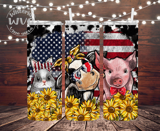 20oz Patriotic Farm Critters Stainless Steel Double Walled Tumbler w/clear straw