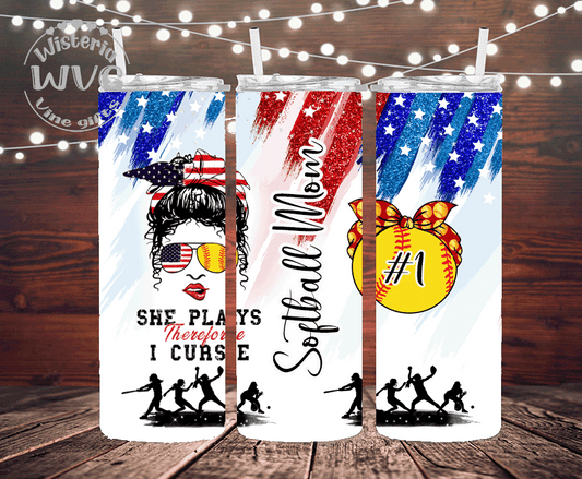 20oz She Plays, Softball Mom Stainless Steel Double Walled Tumbler w/clear straw