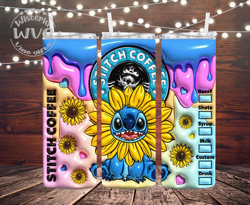 20oz Stitch, Cartoon Sunflower Stainless Steel Double Walled Tumbler w/clear straw