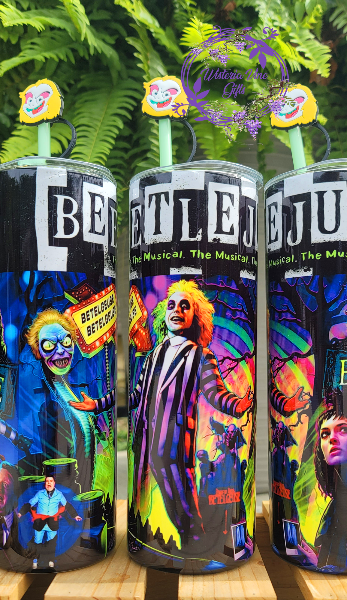 20oz Beetlejuice Stainless Steel Double Walled Tumbler (w/green straw & topper)