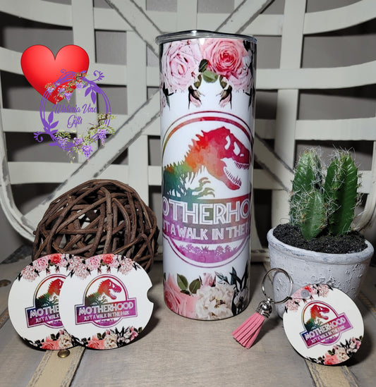20oz Motherhood is a Walk in the Park Stainless Steel Double Walled Tumbler (Gift Set w/keychain & 2 ceramic coasters in white kraft box)