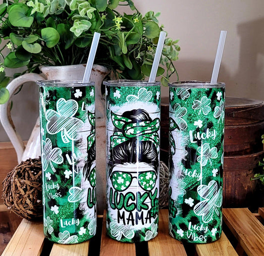30oz St Patrick's Day Lucky Mama Stainless Steel Double Walled Tumbler (w/clear straw)