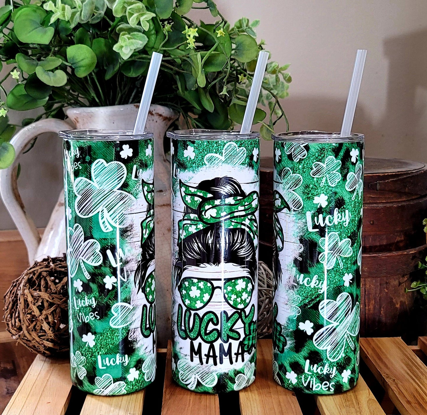 30oz St Patrick's Day Lucky Mama Stainless Steel Double Walled Tumbler (w/clear straw)