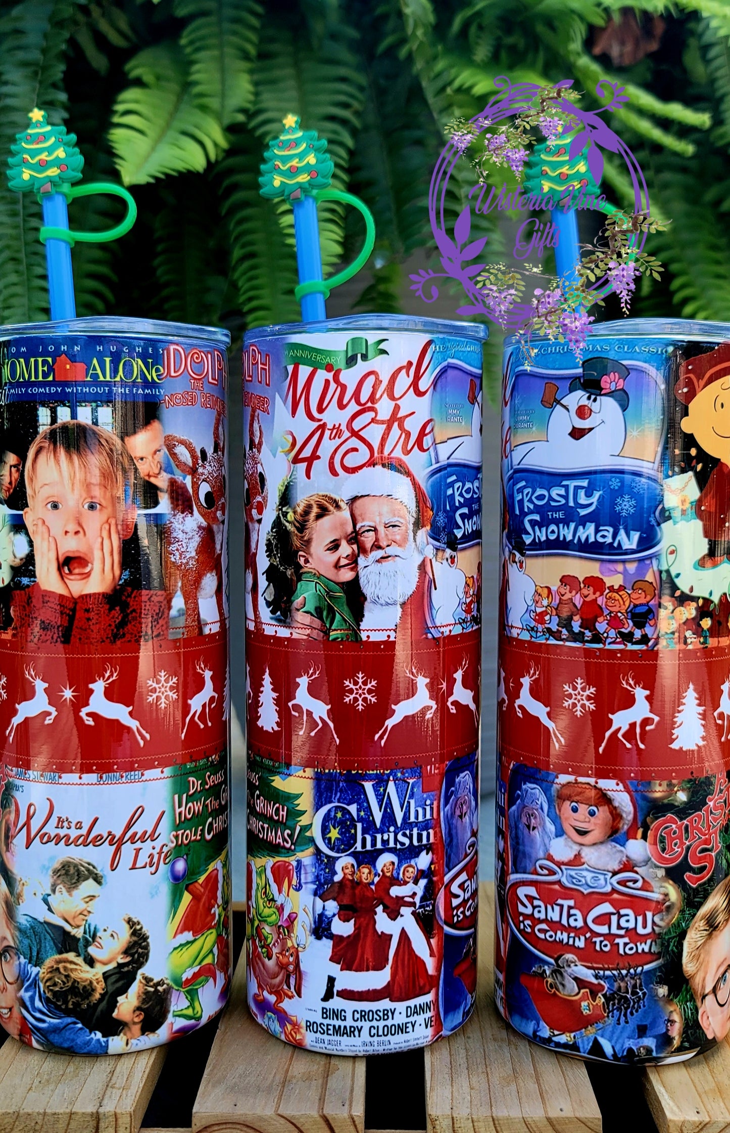 20oz Vintage Christmas Movies Stainless Steel Double Walled Tumbler (w/blue straw & tree topper)