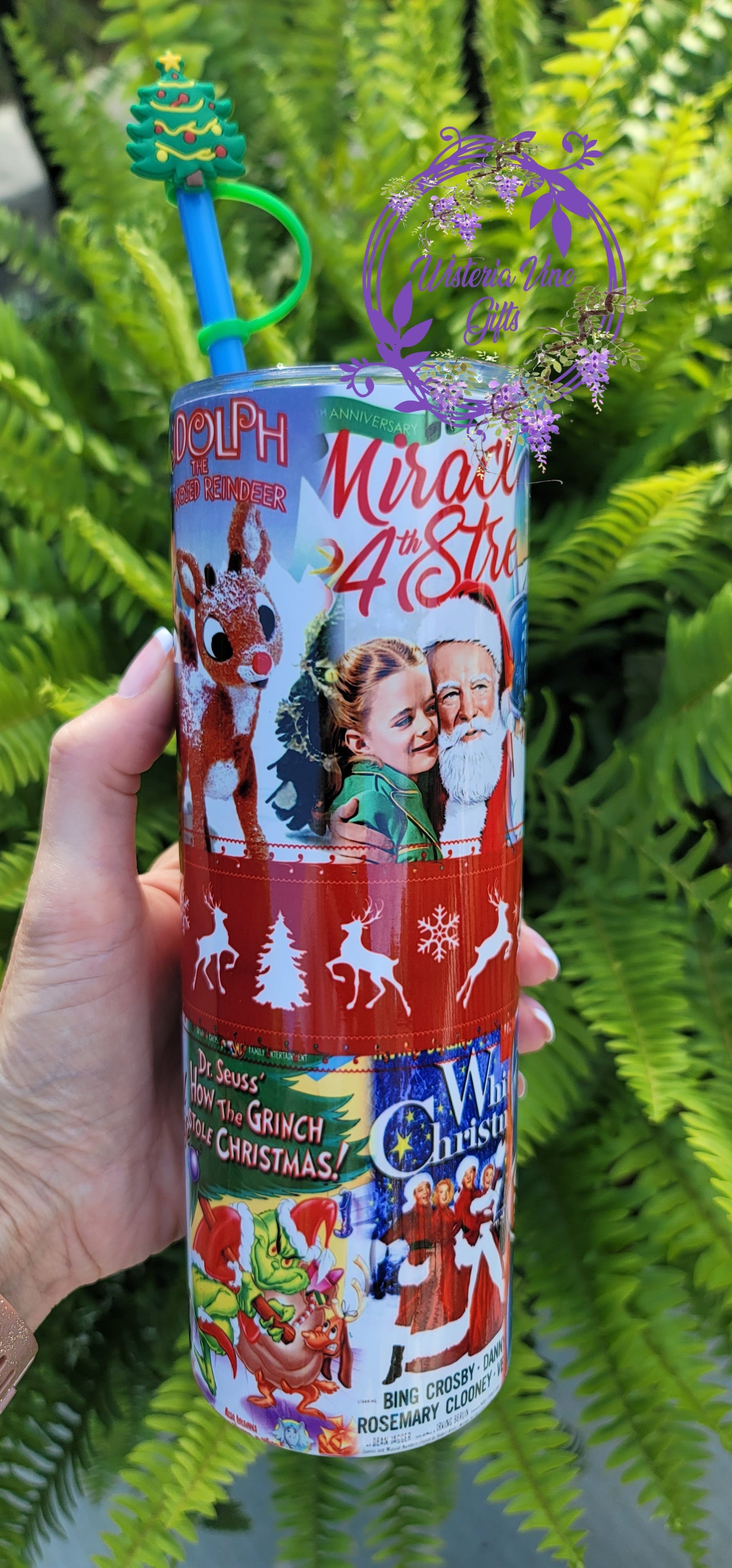 20oz Vintage Christmas Movies Stainless Steel Double Walled Tumbler (w/blue straw & tree topper)
