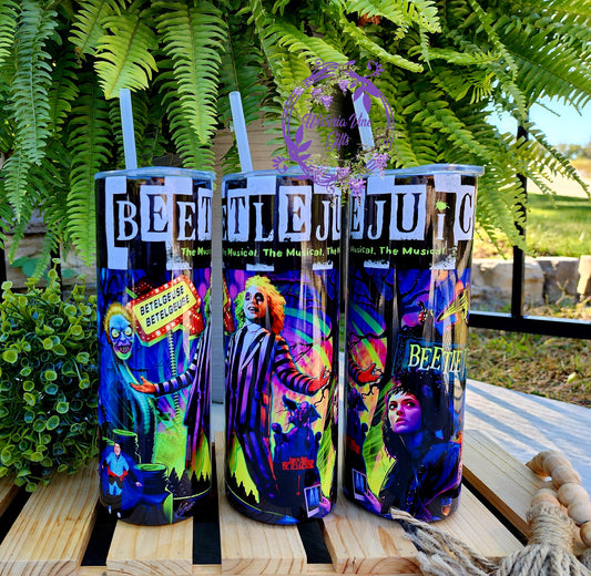 20oz Beetlejuice Stainless Steel Double Walled Tumbler (w/clear plastic straw)