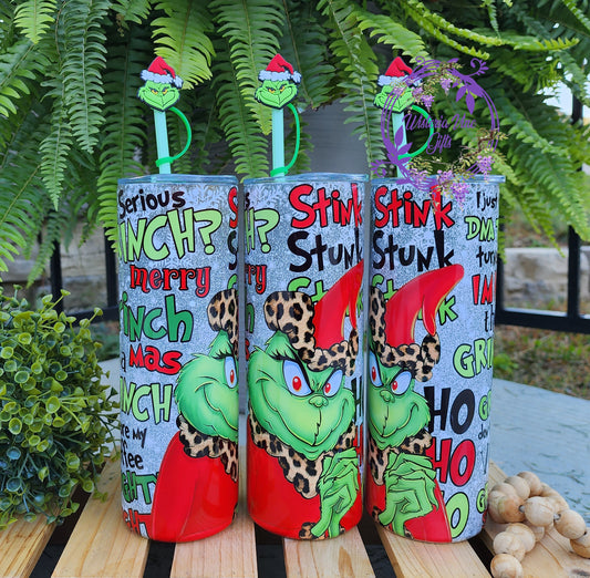 20oz Grinch Stink Stank Stunk Stainless Steel Double Walled Tumbler (w/green straw & grinch topper)