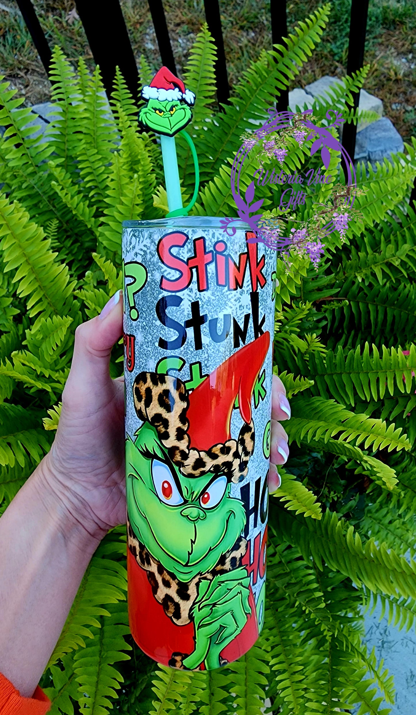 20oz Grinch Stink Stank Stunk Stainless Steel Double Walled Tumbler (w/green straw & grinch topper)