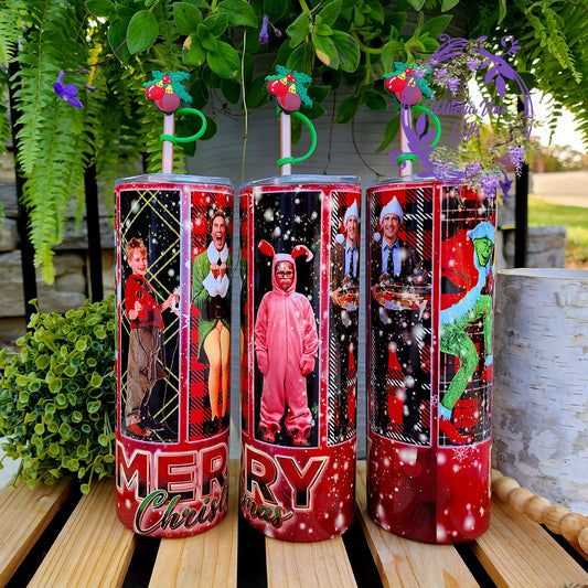 20oz Merry Christmas Red Plaid, Christmas Movie Favorites Stainless Steel Double Walled Tumbler, Grinch, Elf (w/Purple straw & ornament topper)