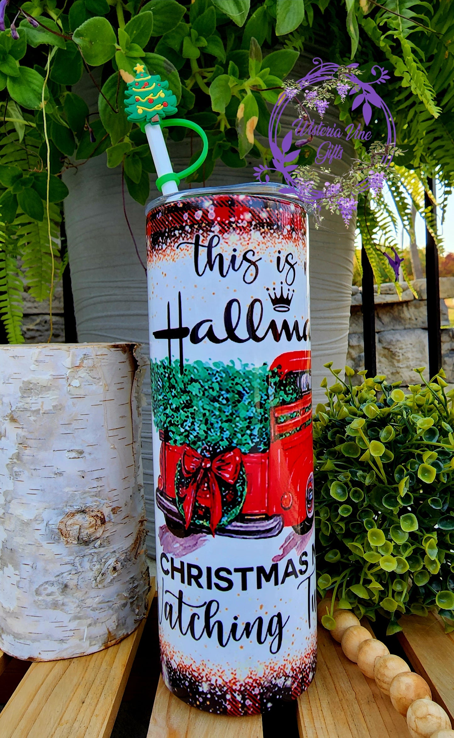 20oz Hallmark Movie Watching Stainless Steel Double Walled Tumbler (w/green straw & tree topper)