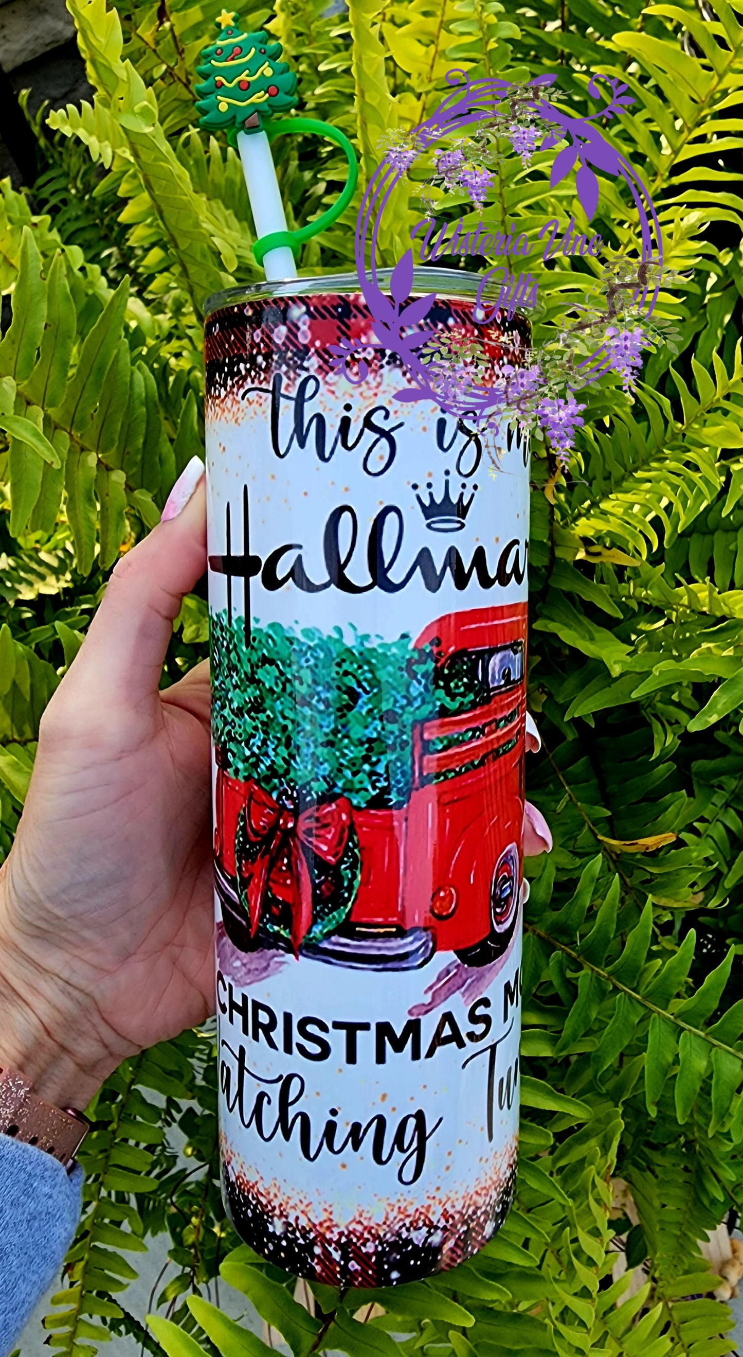 20oz Hallmark Movie Watching Stainless Steel Double Walled Tumbler (w/green straw & tree topper)