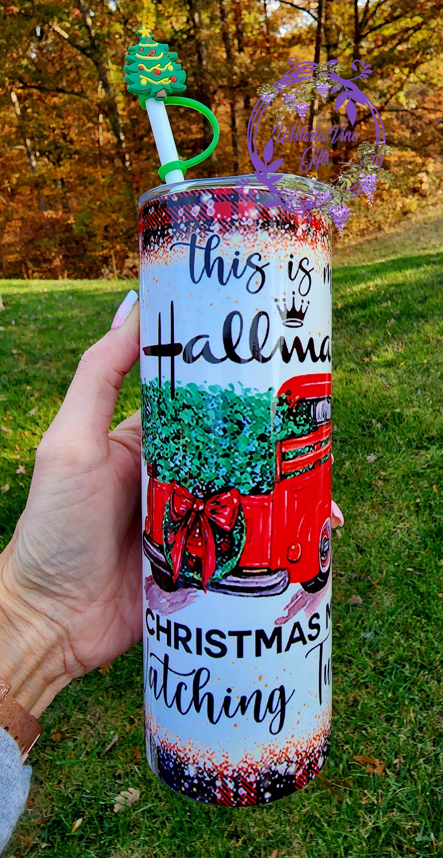 20oz Hallmark Movie Watching Stainless Steel Double Walled Tumbler (w/green straw & tree topper)