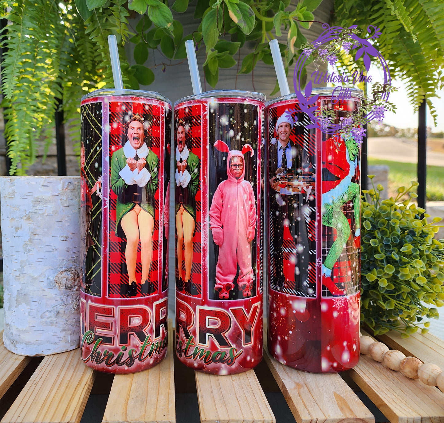 20oz Merry Christmas Plaid Stainless Steel Double Walled Tumbler with clear straw
