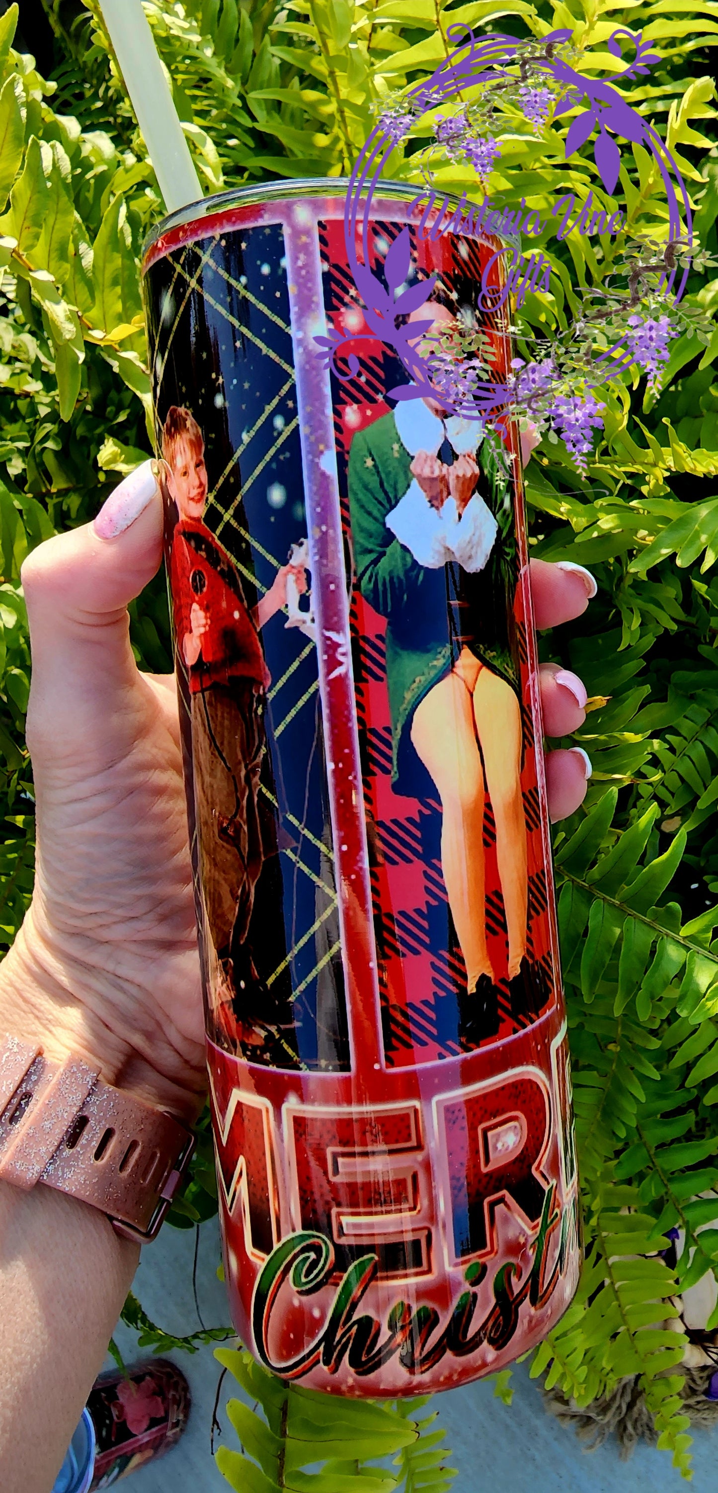 20oz Merry Christmas Plaid Stainless Steel Double Walled Tumbler with clear straw