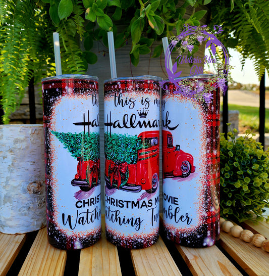 30oz Hallmark Movie Watching Stainless Steel Doubke Walled Tumbler (w/clear plastic straw)