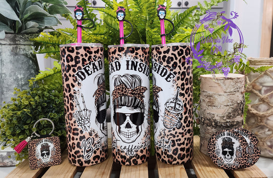 20oz Dead Inside but Caffeinated Gift Set (w/pink straw & topper, Keychain and 2 ceramic coaster)