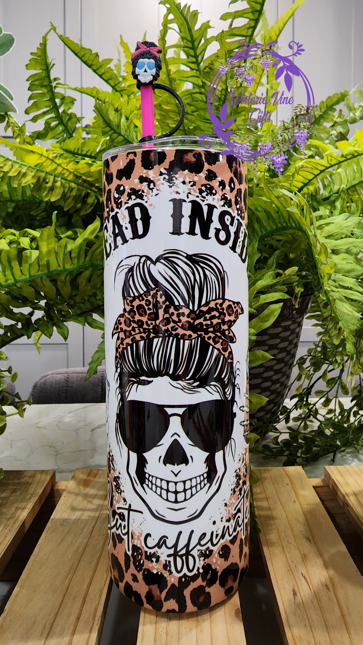 20oz Dead Inside but Caffeinated Gift Set (w/pink straw & topper, Keychain and 2 ceramic coaster)