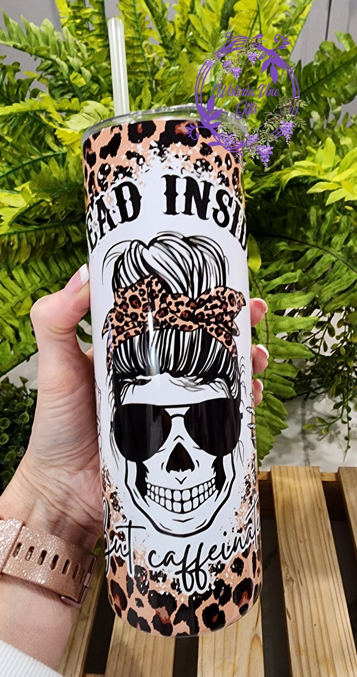 20oz Dead Inside but Caffeinated Stainless Steel Double Walled Tumbler (w/clear plastic straw)