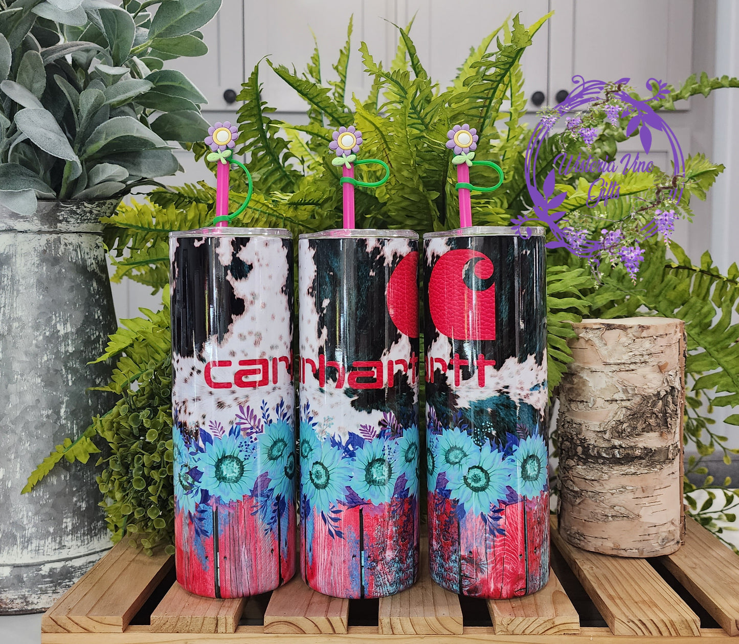 20oz Carhartt Pink Sunflowers Stainless Steel Double Walled Tumbler (w/pink straw and topper)