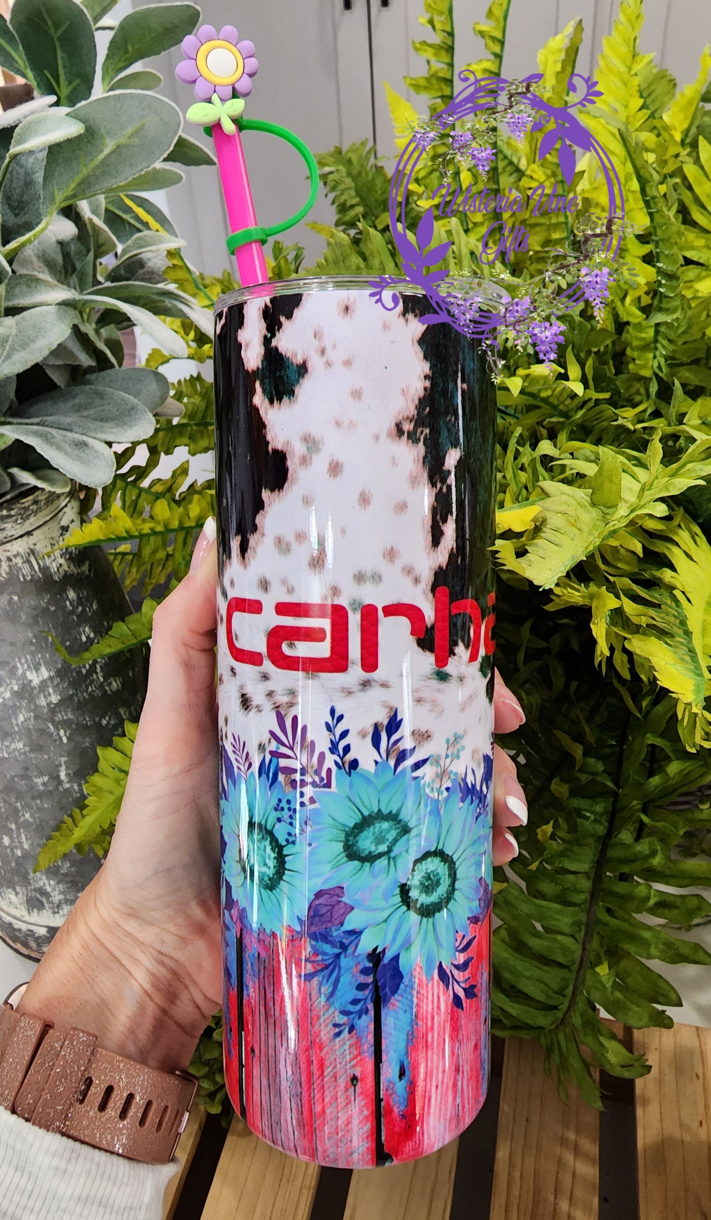 20oz Carhartt Pink Sunflowers Stainless Steel Double Walled Tumbler (w/pink straw and topper)