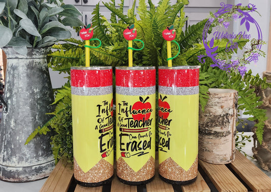 20oz The Influence of a Good Teacher Stainless Steel Double Walled Tumbler (w/yellow straw and apple topper)