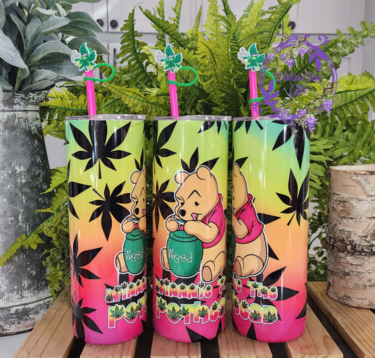 20oz Winnie The Pothead Stainless Steel Double Walled Tumbler (w/pink straw and topper)