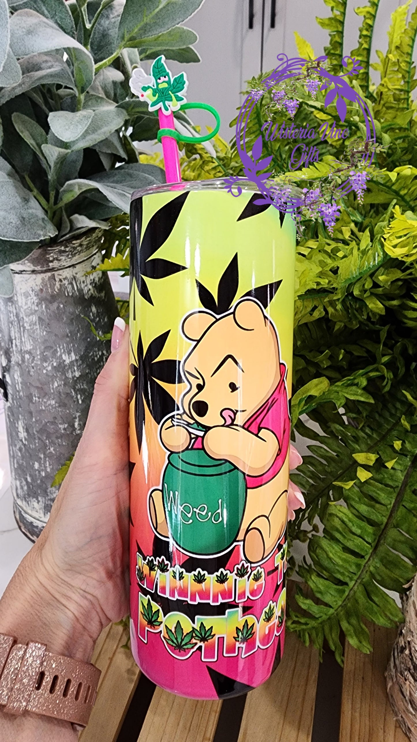 20oz Winnie The Pothead Stainless Steel Double Walled Tumbler (w/pink straw and topper)