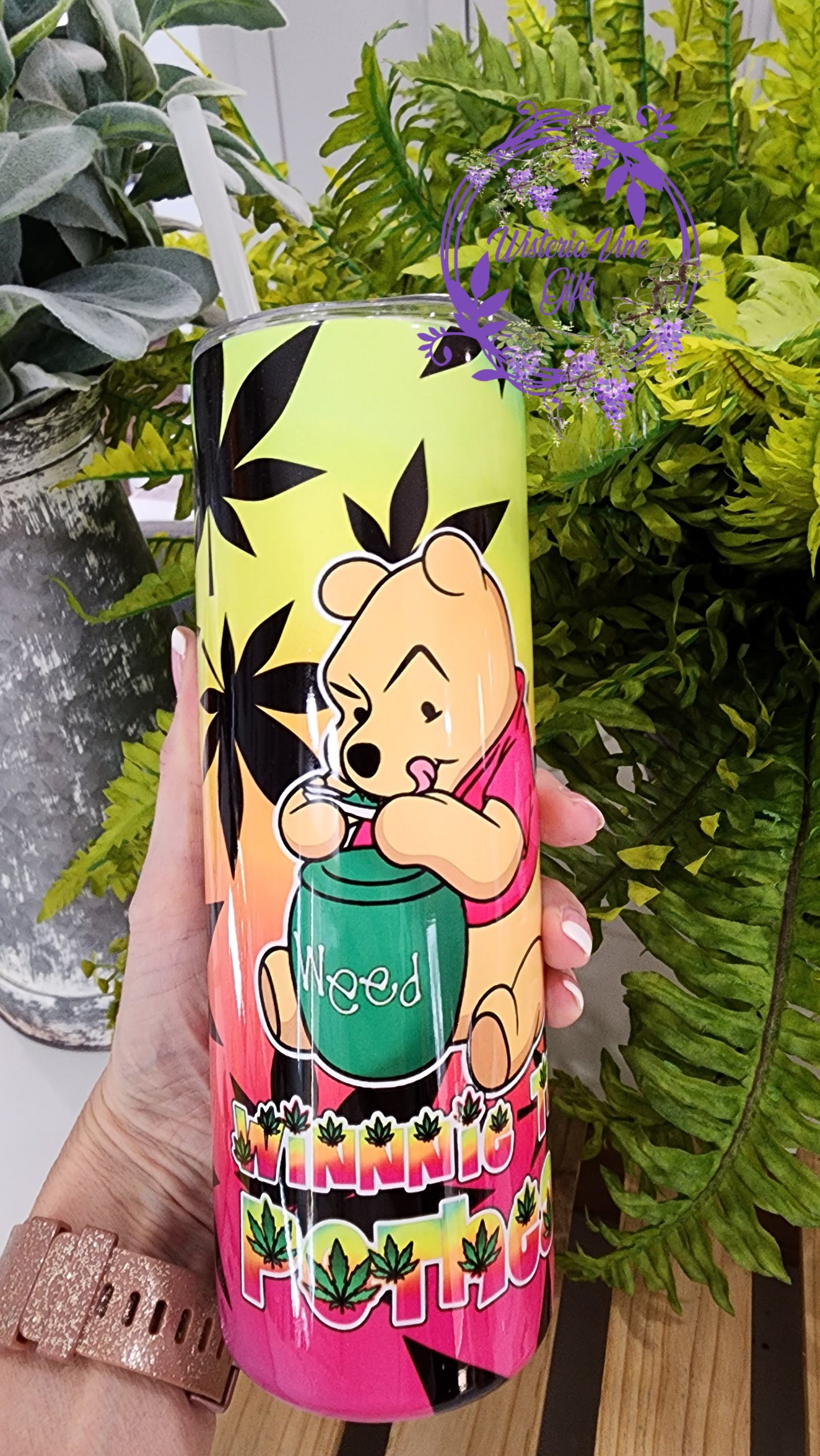20oz Winnie The Pot Head Stainless Steel Double Walled Tumbler (w/clear plastic straw)