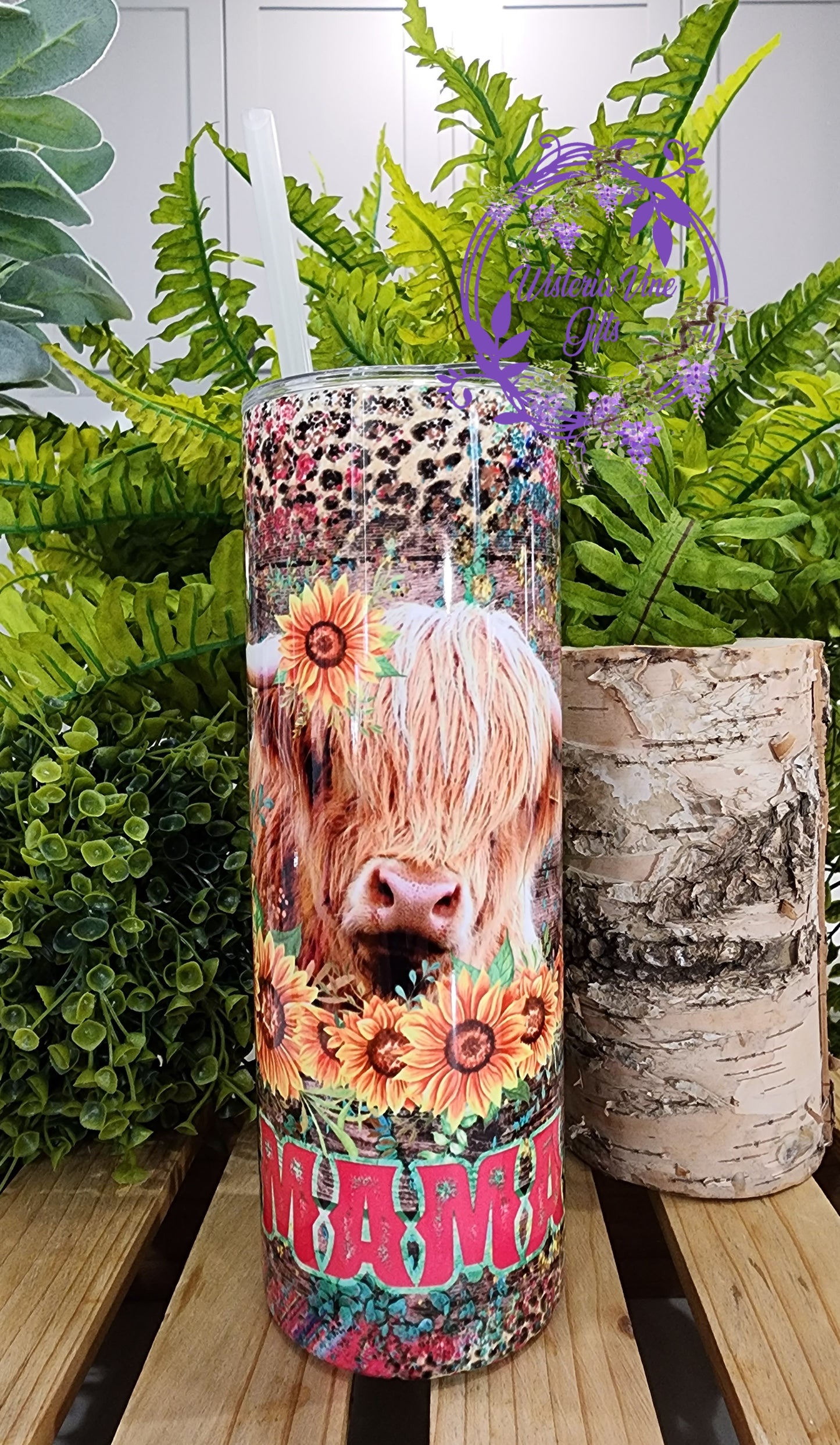 20oz MAMA Highland Cow Stainless Steel Double Walled Tumbler (w/clear plastic straw)