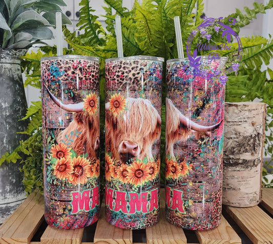 20oz MAMA Highland Cow Stainless Steel Double Walled Tumbler (w/clear plastic straw)