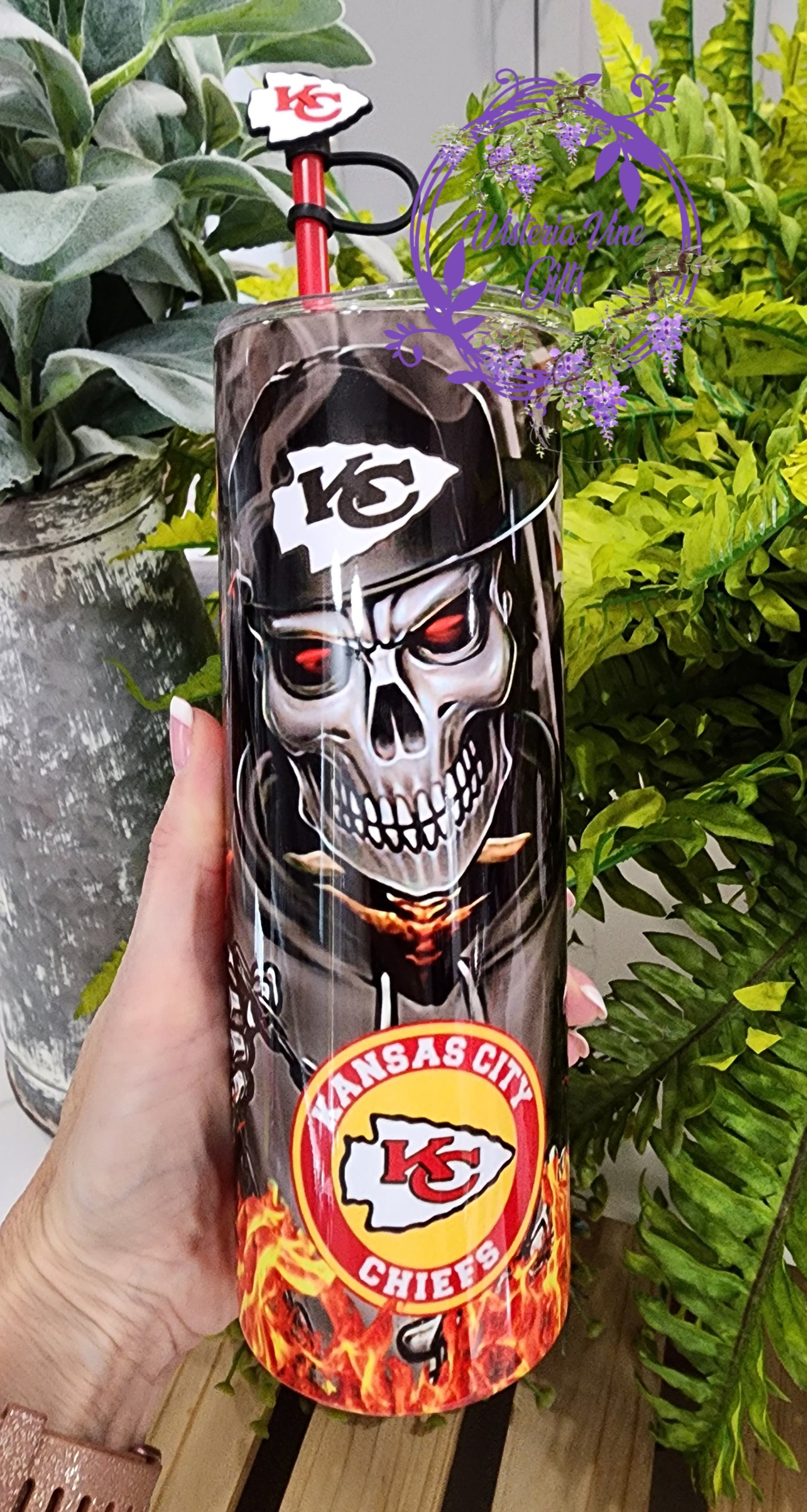 20oz Chiefs Football Stainless Steel Double Walled Tumbler (w/red straw and topper)