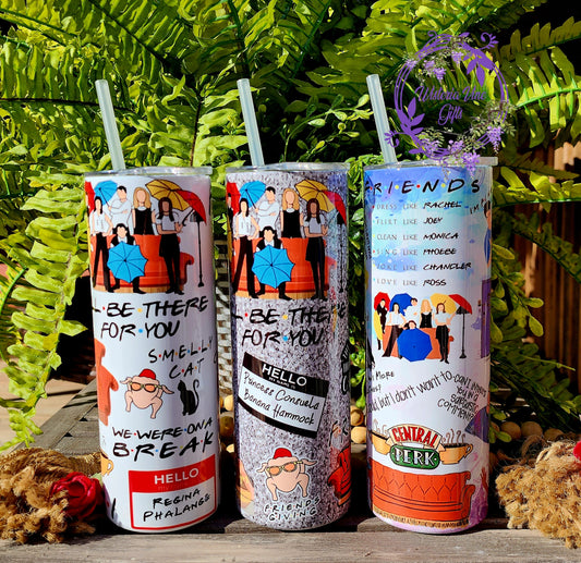 20oz FRIENDS Collage Stainless Steel Double Walled Tumbler (w/clear plastic straw)