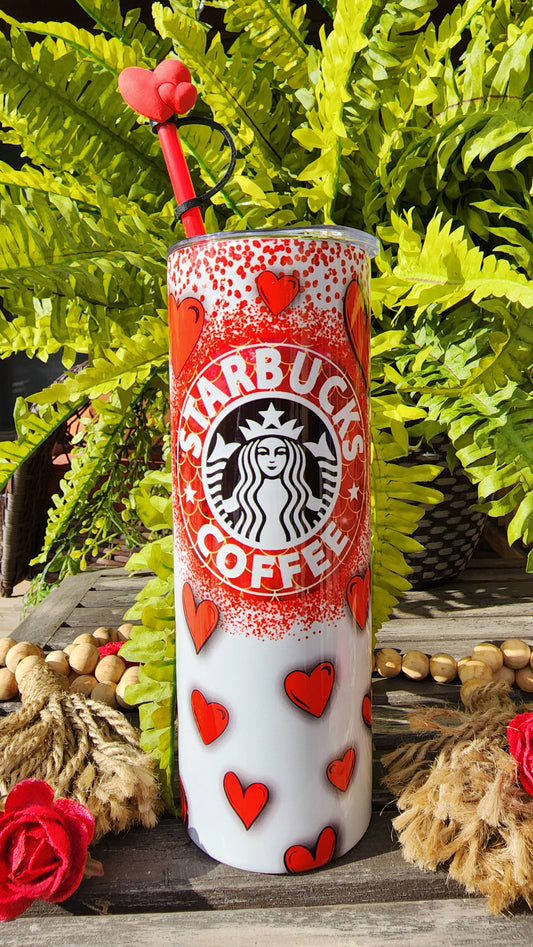 20oz Coffee Starbucks Valentines Stainless Steel Double Walled Tumbler (w/red straw & heart topper)