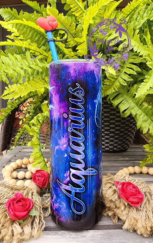 20oz Aquarius, Zodiac Stainless Steel Double Walled Tumbler (w/blue straw & heart topper)