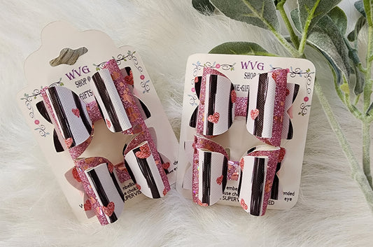Pink Hearts & Pink Sparkle Glitter 3" Faux Leather Alligator Ponytail Clips (set of 2)