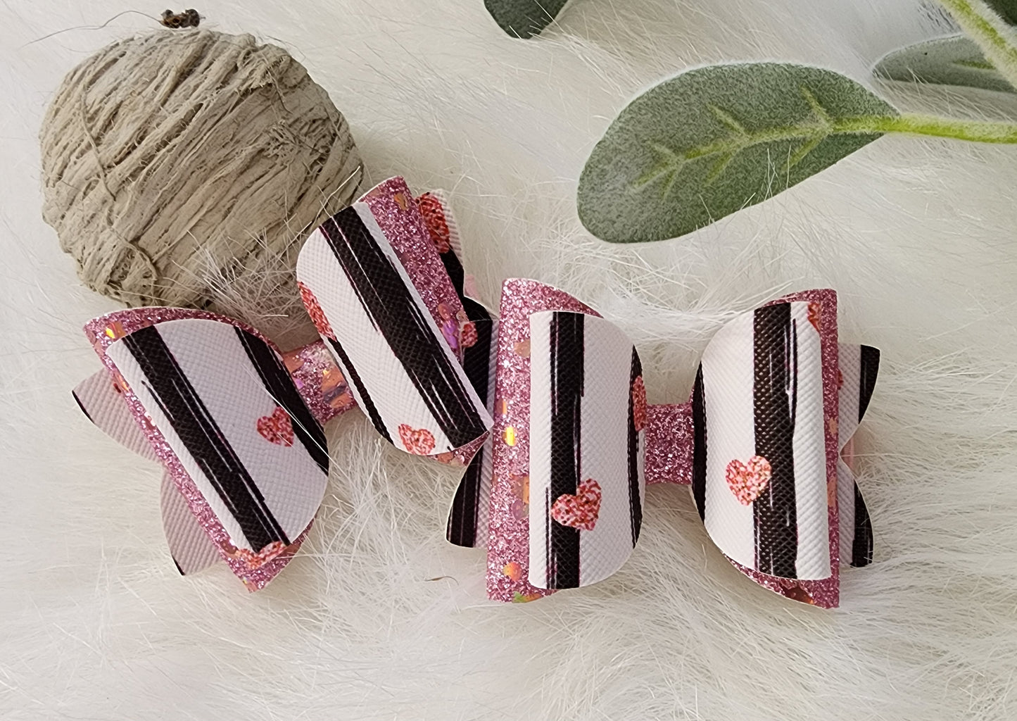 Pink Hearts & Pink Sparkle Glitter 3" Faux Leather Alligator Ponytail Clips (set of 2)