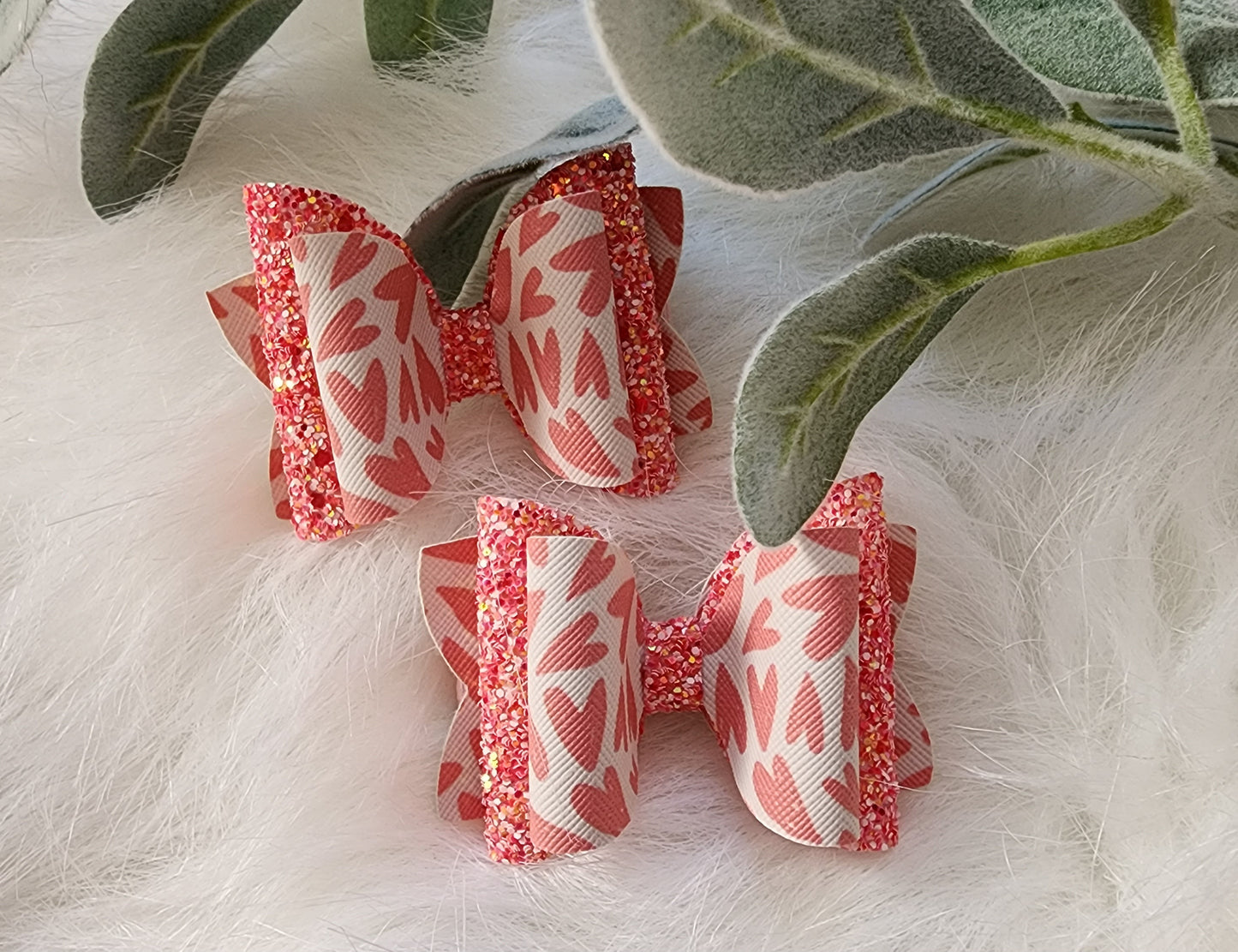 Pink Hearts & Faux Glitter 3" Hair Bow Alligator Clips (set of 2)
