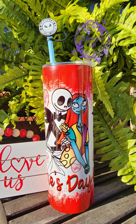 20oz Valentine's Nightmate Before Christmas Stainless Steel Double Walled Tumbler (w/blue straw and straw topper)