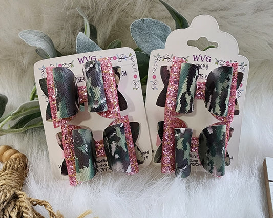 Camo & Pink Sparkle Glitter 3" Ponytail Alligator Clips (set of 2)