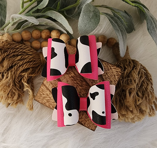 Hot Pink & Cow Print Faux Leather Ponytial Allagator Clips (set of 2)