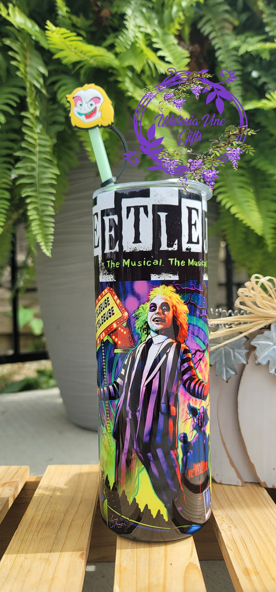 20oz Beetlejuice Stainless Steel Double Walled Tumbler (w/green straw & topper)