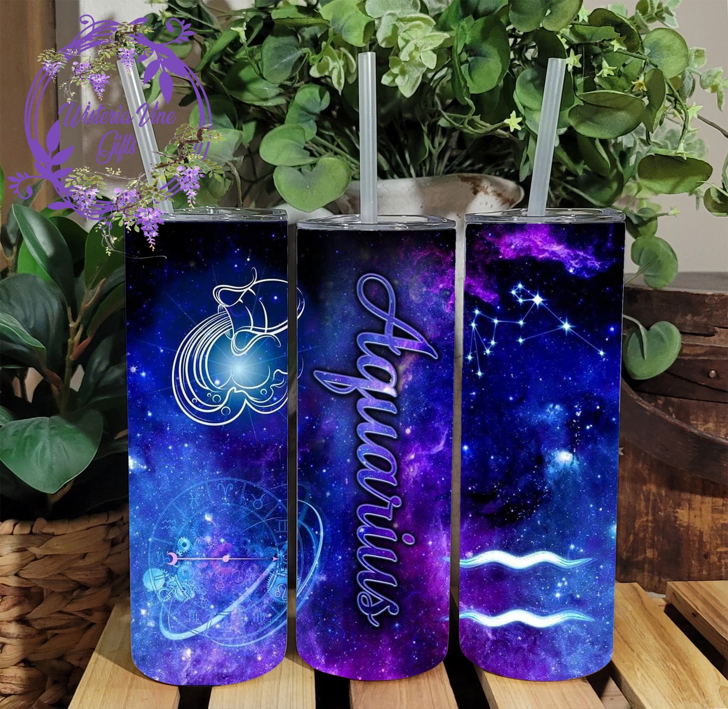 20oz Aquarius, Zodiac Stainless Steel Double Walled Tumbler (w/blue straw & heart topper)