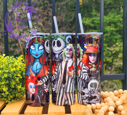 20oz Beetlejuice, Jack & Sally, Mad Hatter Stainless Steel Double Walled Tumbler (w/clear straw)