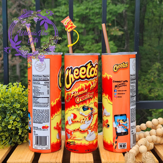 20oz Flaming Hot Cheetos Stainless Steel Double Walled Tumbler (w/bronze straw & topper)