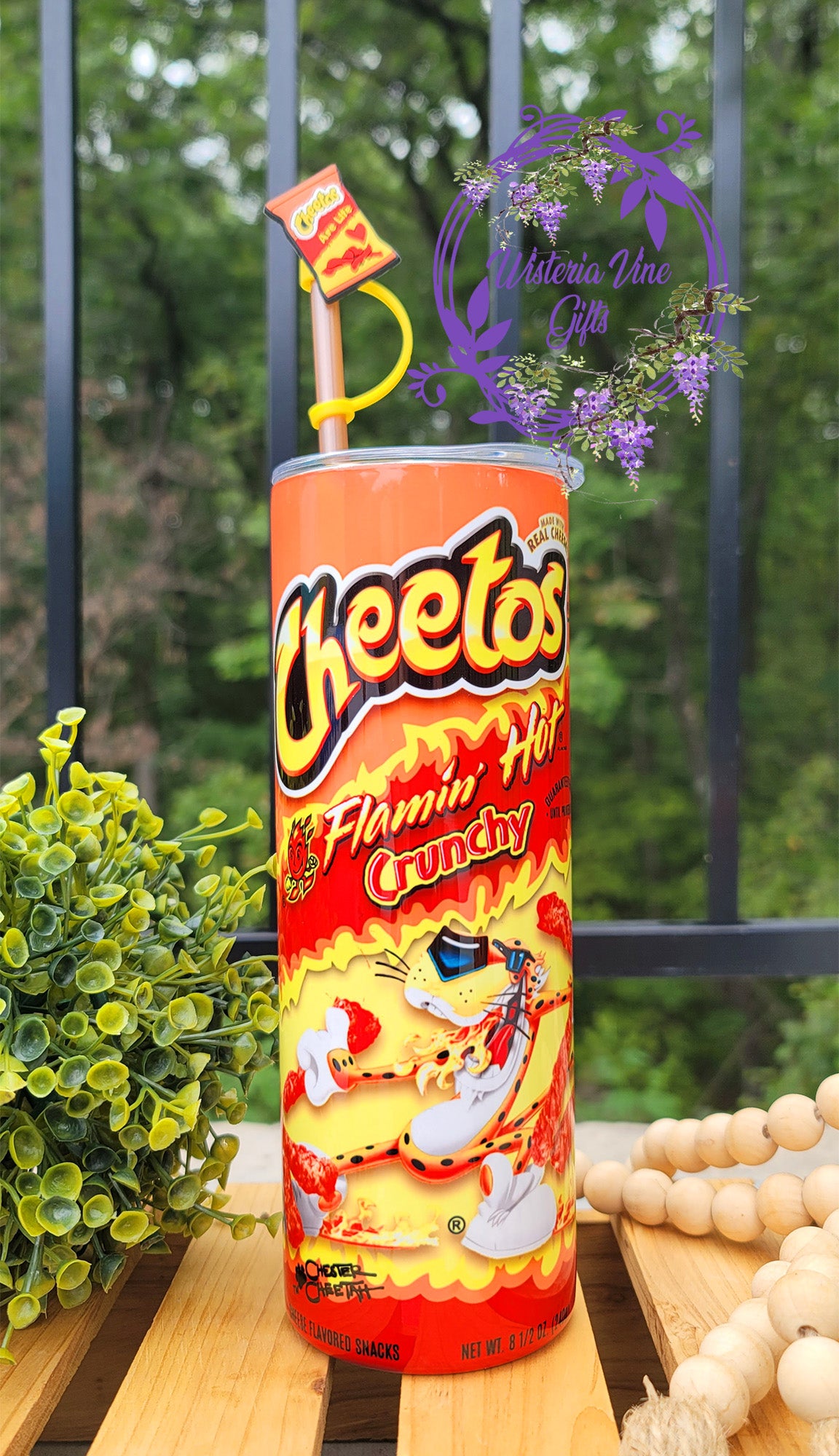 20oz Flaming Hot Cheetos Stainless Steel Double Walled Tumbler (w/bronze straw & topper)