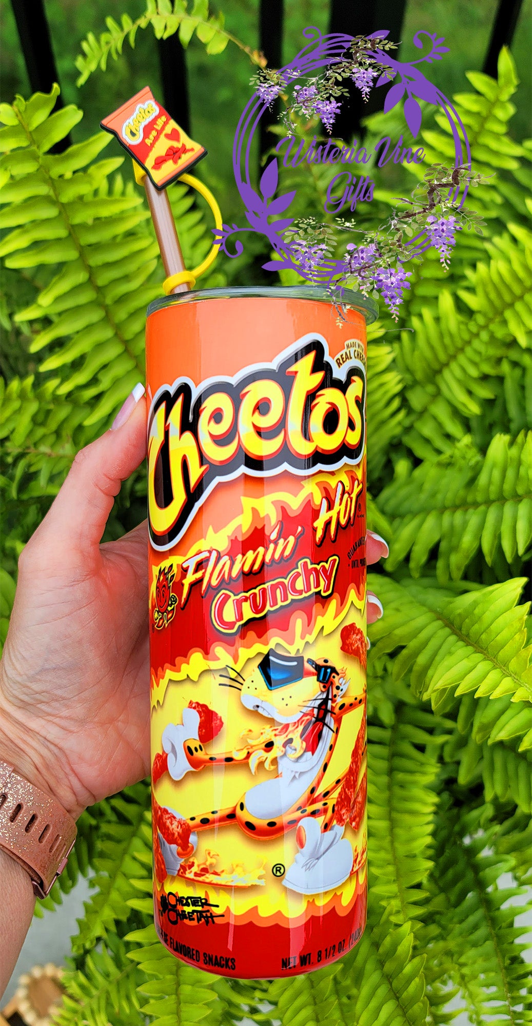 20oz Flaming Hot Cheetos Stainless Steel Double Walled Tumbler (w/bronze straw & topper)