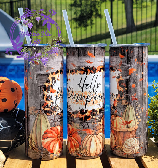 20oz Hello Pumpkin Fall Stainless Steel Double Walled Tumbler (w/clear straw)