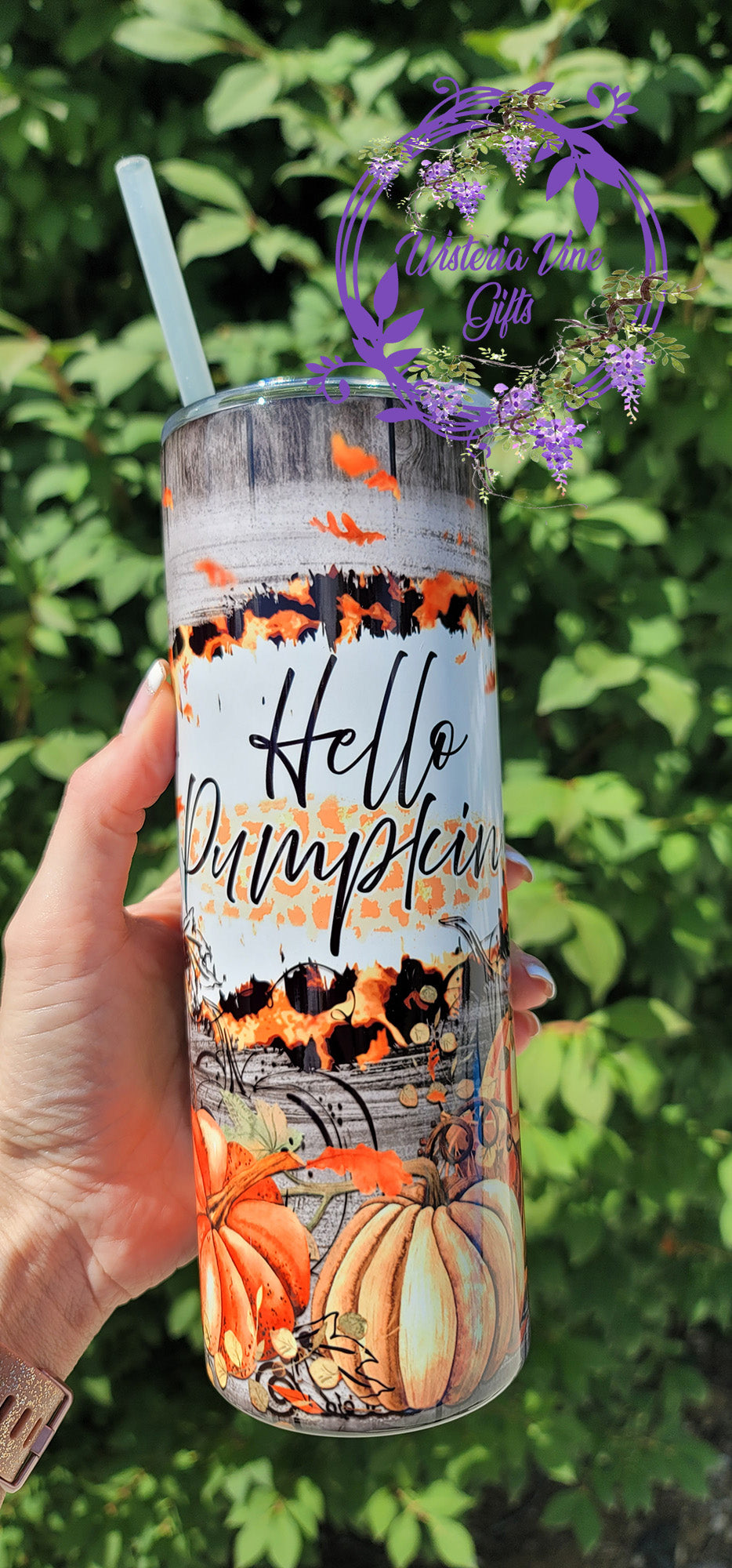 20oz Hello Pumpkin Fall Stainless Steel Double Walled Tumbler (w/clear straw)