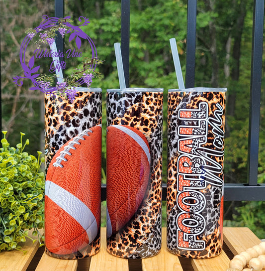 20oz Football Mom Leopard/Cheetah Stainless Steel Double Walled Tumbler (w/clear straw)